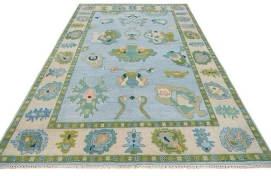 Hand-Knotted Oushak Rug – Light Blue Wool Area Rug, Turkish Oriental Design, Vintage-Style Decorative Carpet