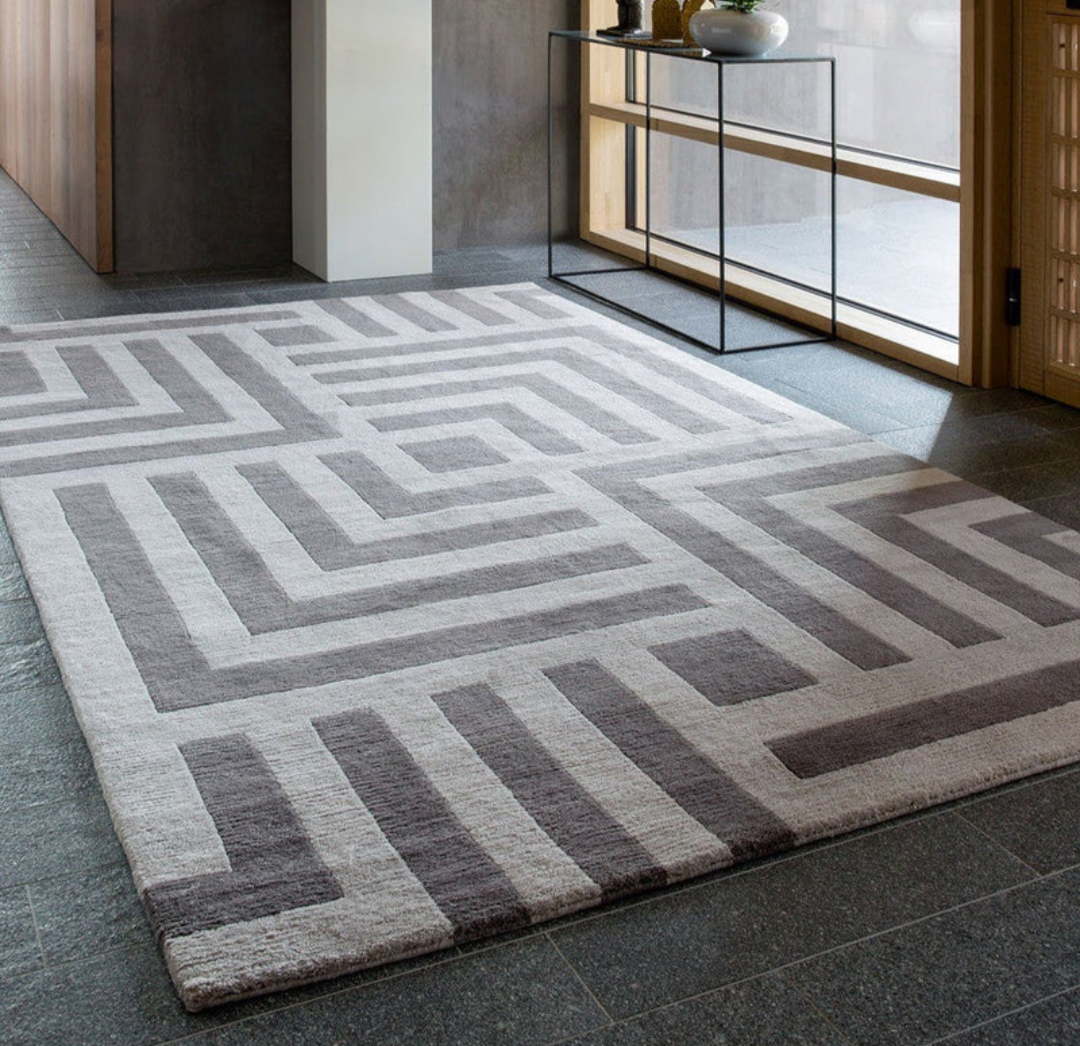 Modern Geometric Maze Pattern Area Rug – Neutral Gray & Beige Contemporary Carpet for Living Room, Bedroom & Office Décor