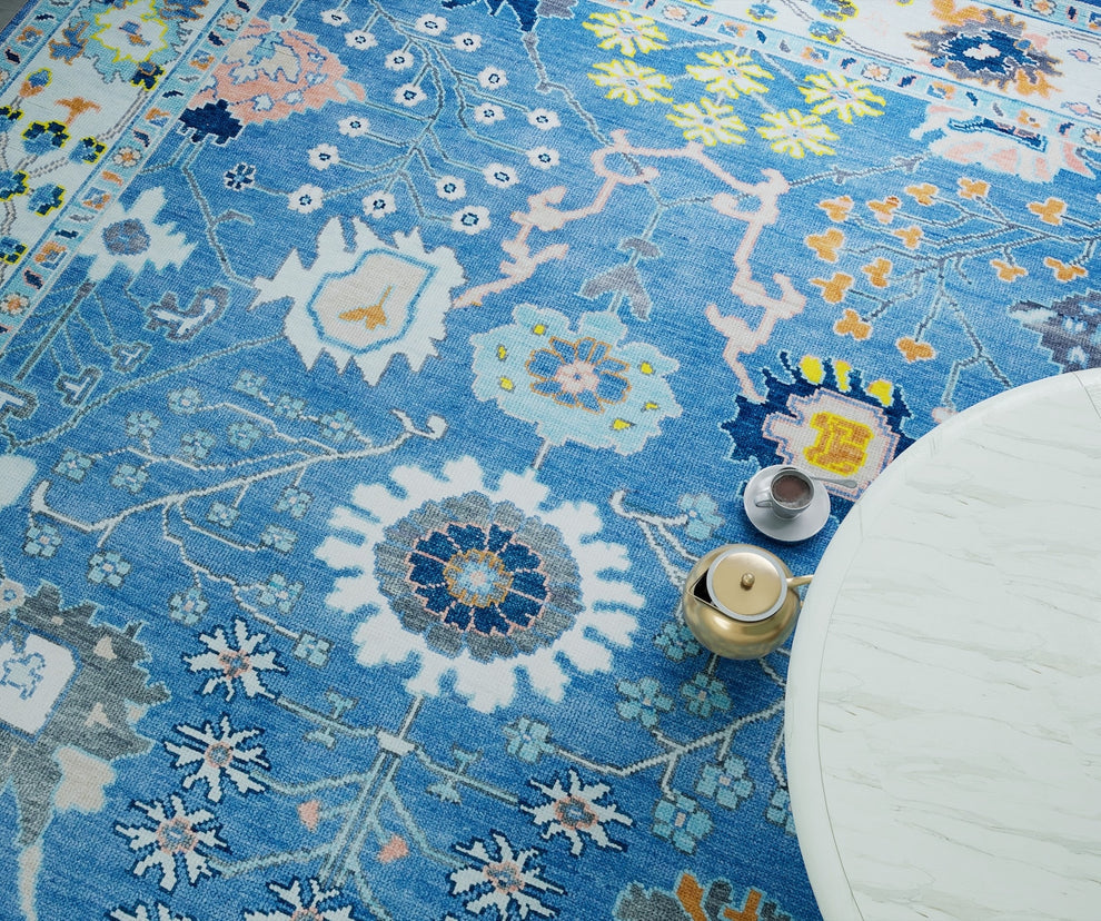 Hand-Knotted Blue Oushak Rug – Authentic Turkish Wool Carpet | Luxury Oriental Area Rug with Gold Accents