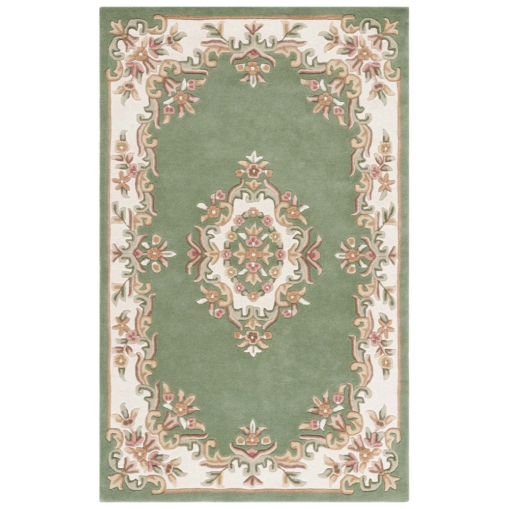Classic Green Aubusson Area Rug – Handcrafted Wool Carpet with Ivory Floral Border for Elegant Living Room & Bedroom Décor