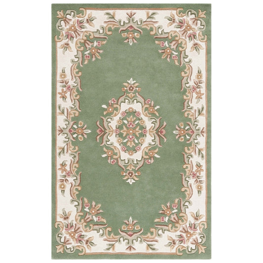 Classic Green Aubusson Area Rug – Handcrafted Wool Carpet with Ivory Floral Border for Elegant Living Room & Bedroom Décor
