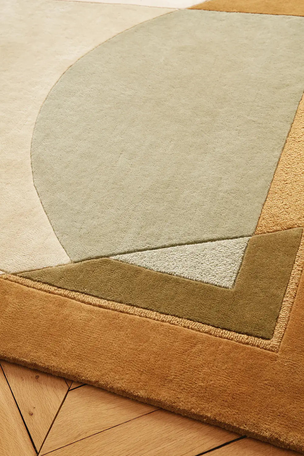 Abstract Neutral Hand Tufted Wool Rug – Modern Geometric Beige & Sage Green Area Rug for Living Room & Bedroom
