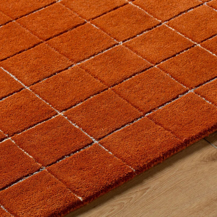 Modern Hand-Tufted Terracotta Wool Rug | Small Grid Pattern for Contemporary & Minimalist Spaces