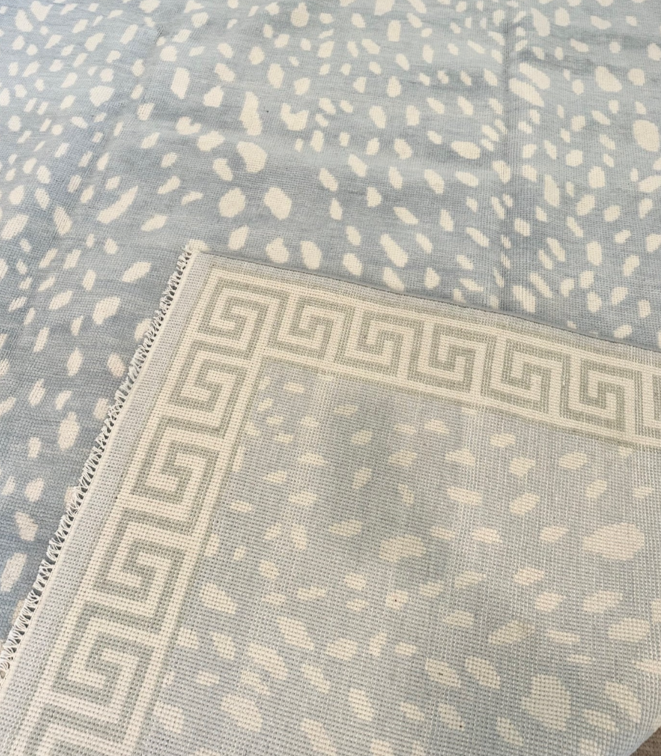 Hand Knotted Oushak Rug – Blue Modern Antelope Pattern with Greek Key Border | Luxury Wool Area Carpet