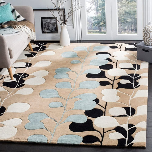 Modern Botanical Wool Area Rug – Beige Base with Blue, Black & Ivory Leaf Pattern | Hand-Tufted Carpet for Living Room & Bedroom Décor
