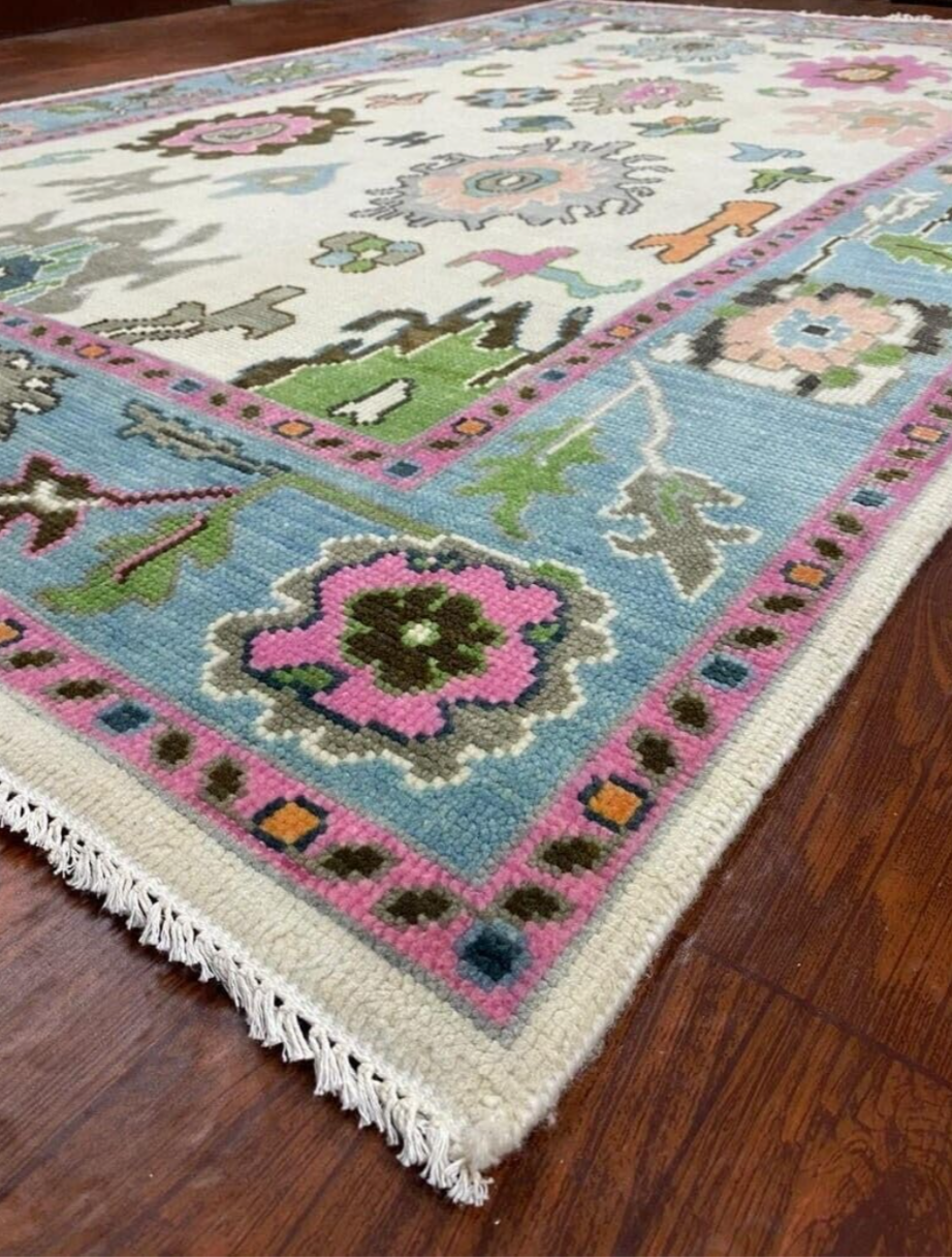Hand Knotted Oushak Rug – Modern Turkish Wool Area Rug | Blue & Pink Oriental Carpet, Bohemian Floral Design for Living Room or Bedroom