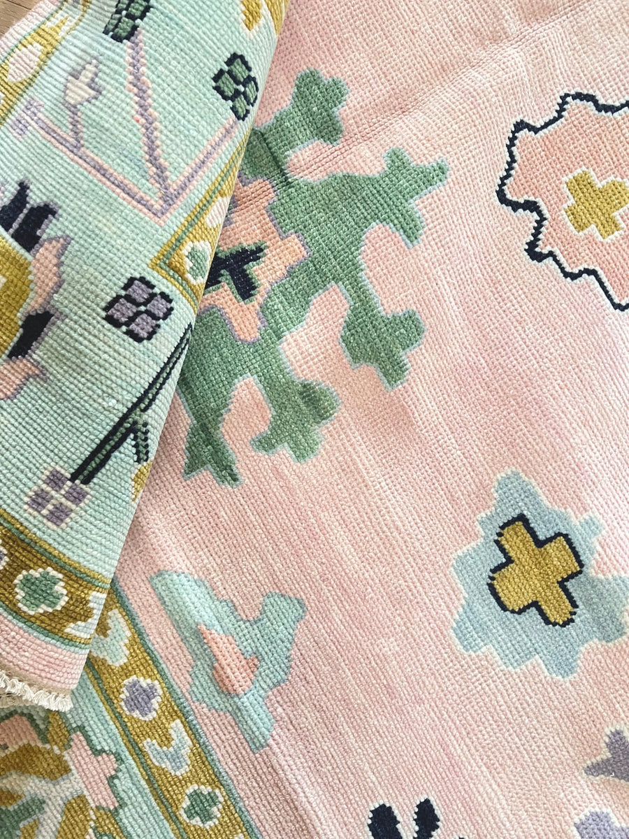 Hand Knotted Oushak Rug – Blush Pink Pastel Turkish Wool Vintage Area Carpet