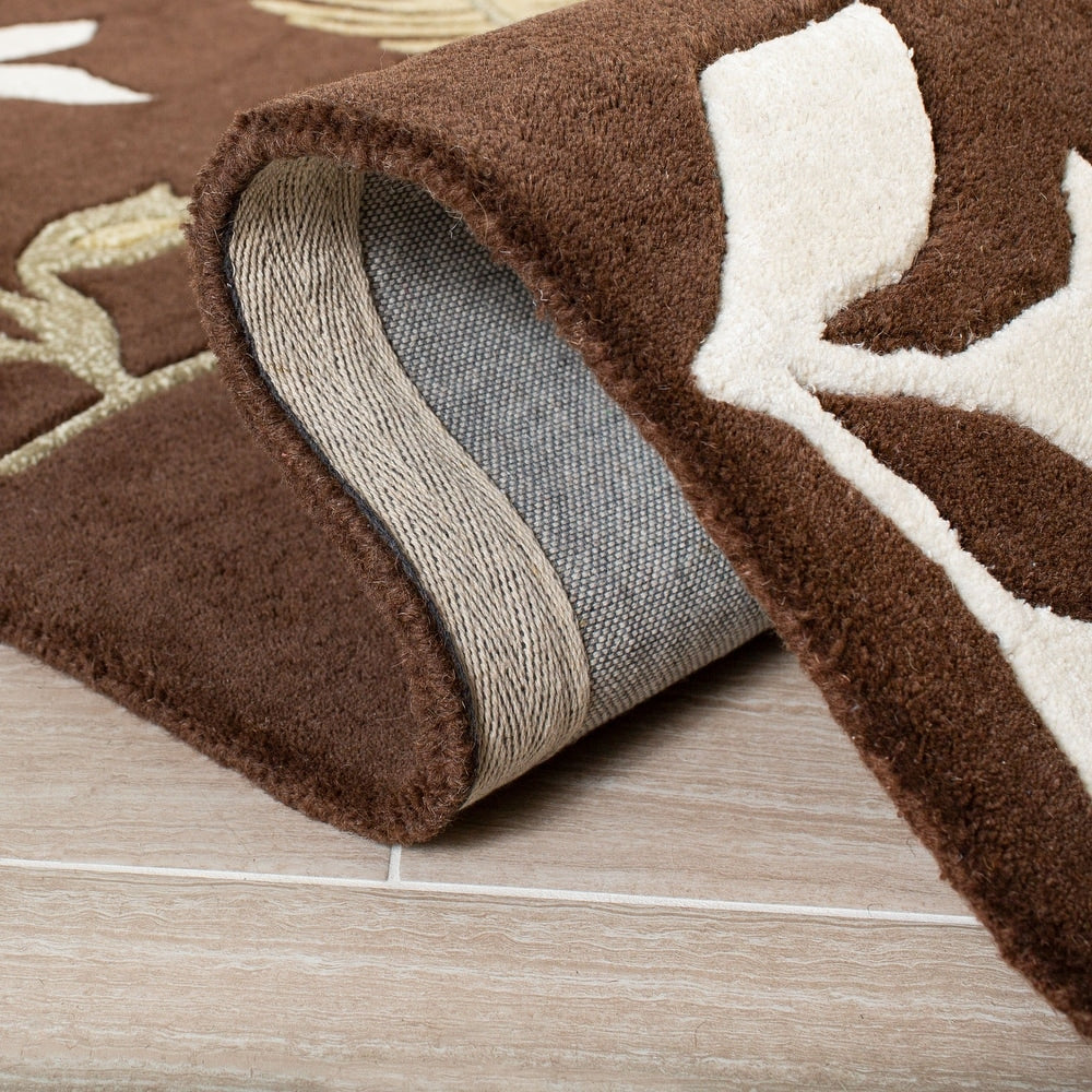 Brown Floral Area Rug – Elegant Botanical Leaf Pattern in Beige & White – Soft Hand-Tufted Carpet for Living Room, Bedroom & Modern Home Décor