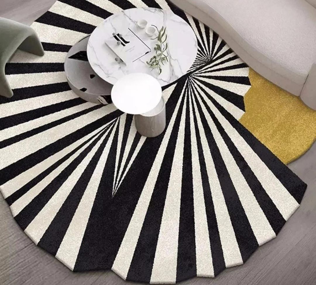 Modern Round Optical Illusion Rug | Black White Gold Abstract Handmade Carpet