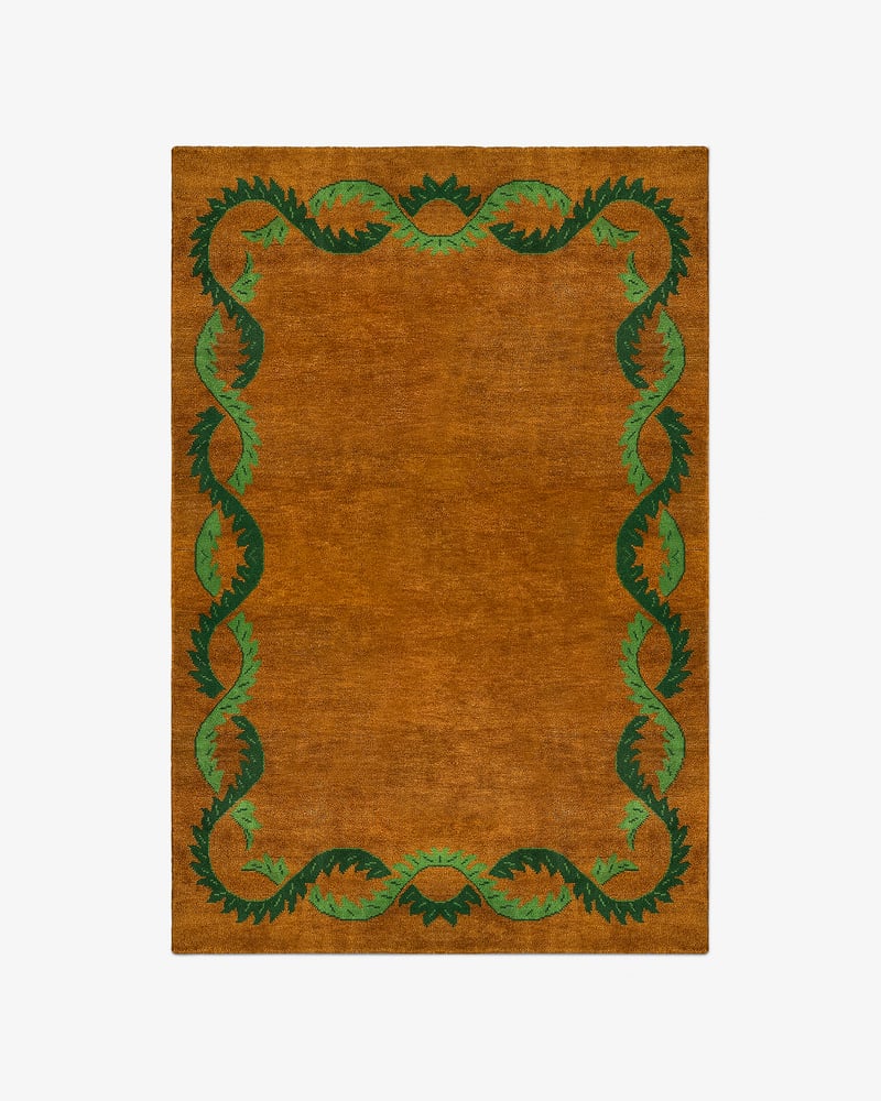 Hand Tufted Burnt Orange Rug, Green Vine Border Wool Area Rug, Modern Botanical Carpet, Custom Living Room Rug, Handmade Home Decor