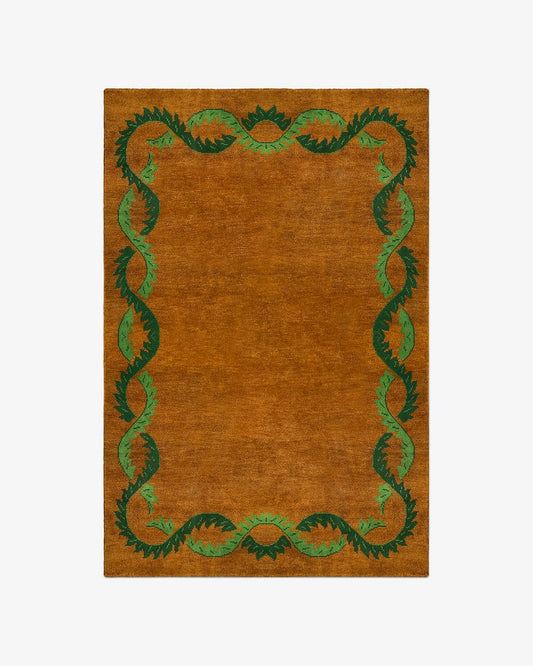 Hand Tufted Burnt Orange Rug, Green Vine Border Wool Area Rug, Modern Botanical Carpet, Custom Living Room Rug, Handmade Home Decor