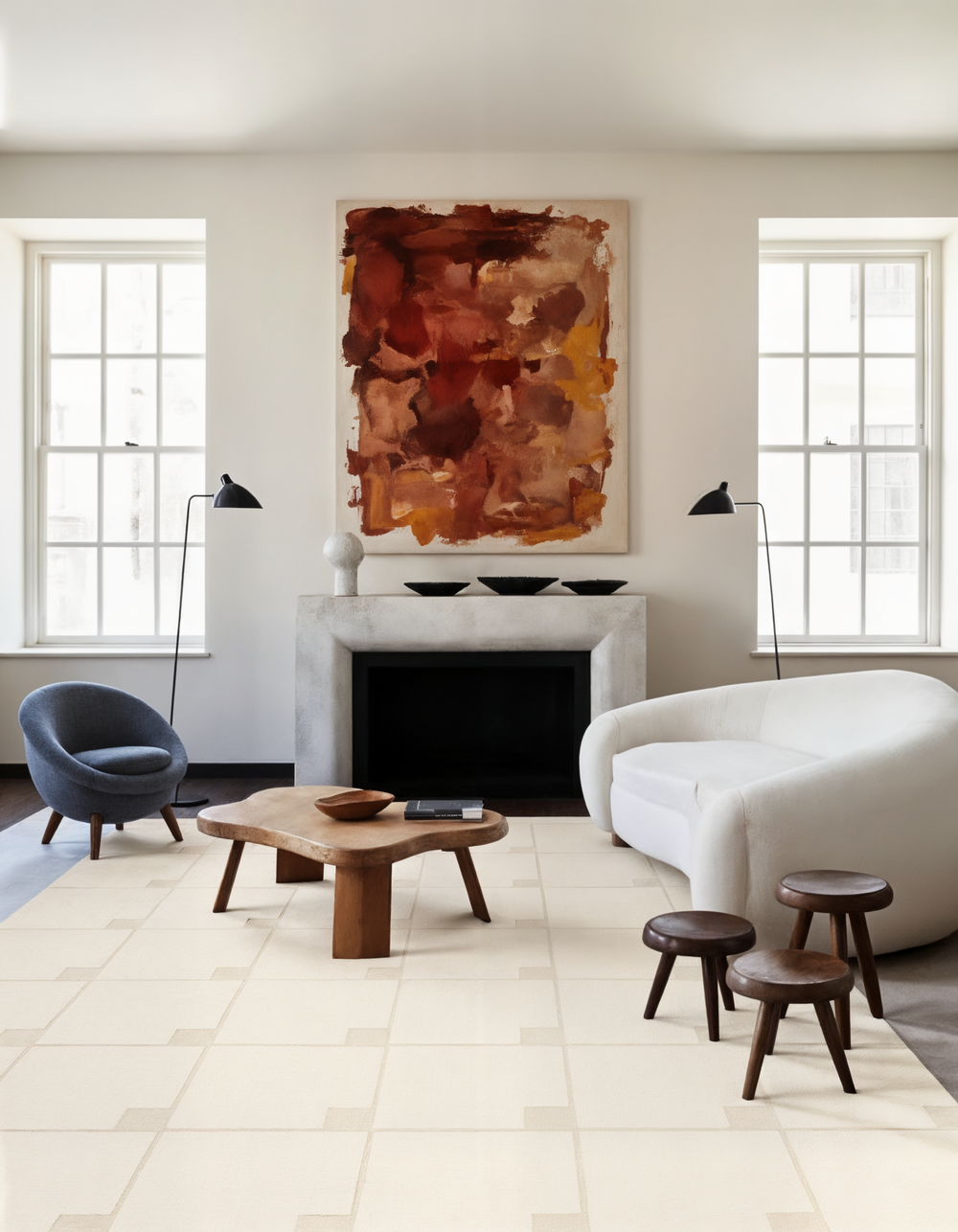 Modern Ivory Hand Tufted Wool Rug – Minimal Geometric Grid Area Rug, Contemporary Neutral Living Room Carpet, Scandinavian Style Handmade Rug