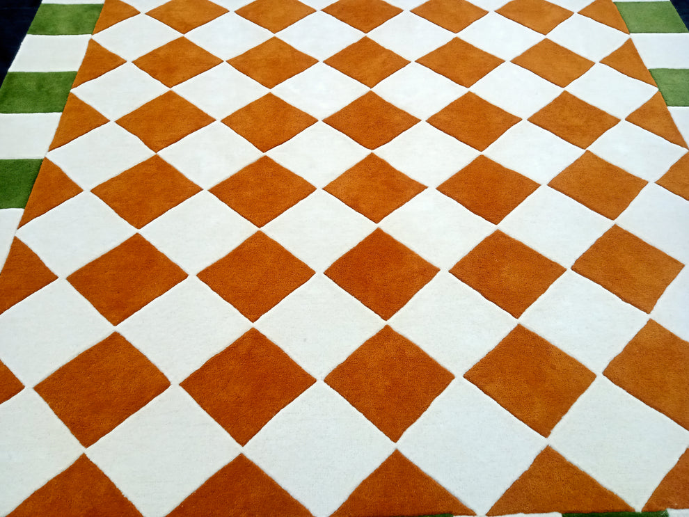 Checkered Area Rug with Green Border – Modern Hand-Tufted Carpet in Orange & White Diamond Pattern for Living Room, Dining Room & Contemporary Home Décor
