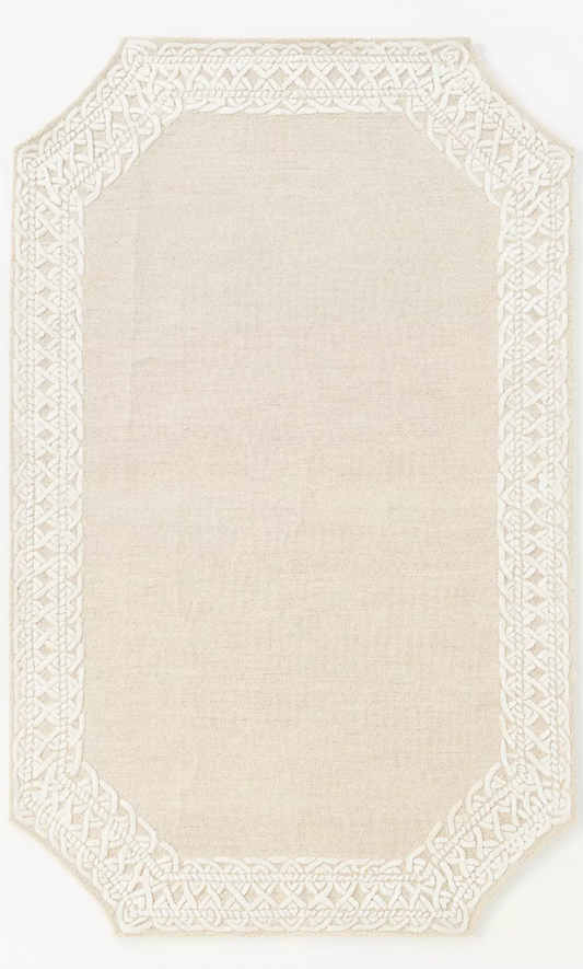 Neutral Wool Blend Tufted Area Rug – Elegant Shaped Design with Intricate Border, Soft & Durable for Living Room, Bedroom, or Entryway