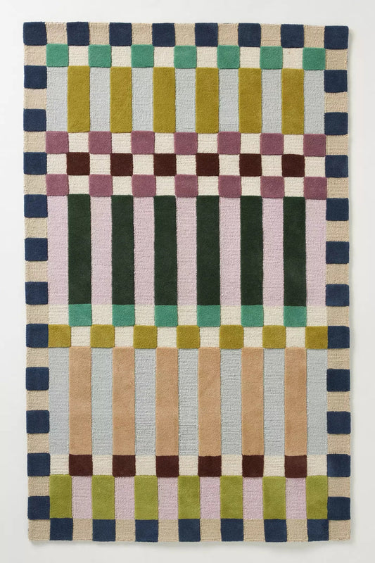Modern Geometric Hand Tufted Wool Area Rug – Colorful Checkerboard Striped Rug, Contemporary Abstract Carpet, Handmade Living Room Rug, Custom Size Bedroom Rug, Scandinavian Decor