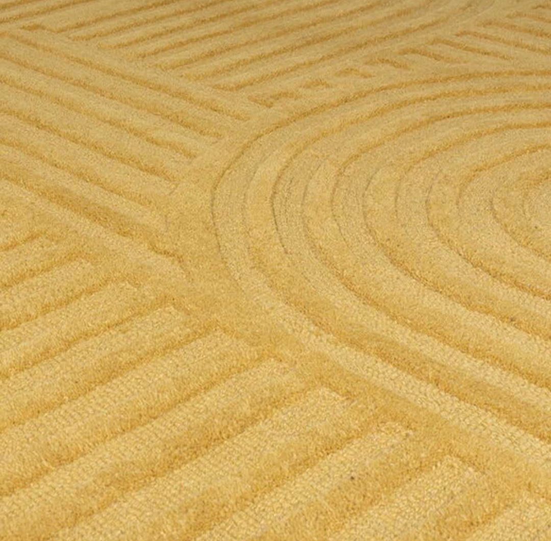Modern Mustard Yellow Wool Rug – Handmade Geometric Maze Pattern Carpet for Living Room or Bedroom
