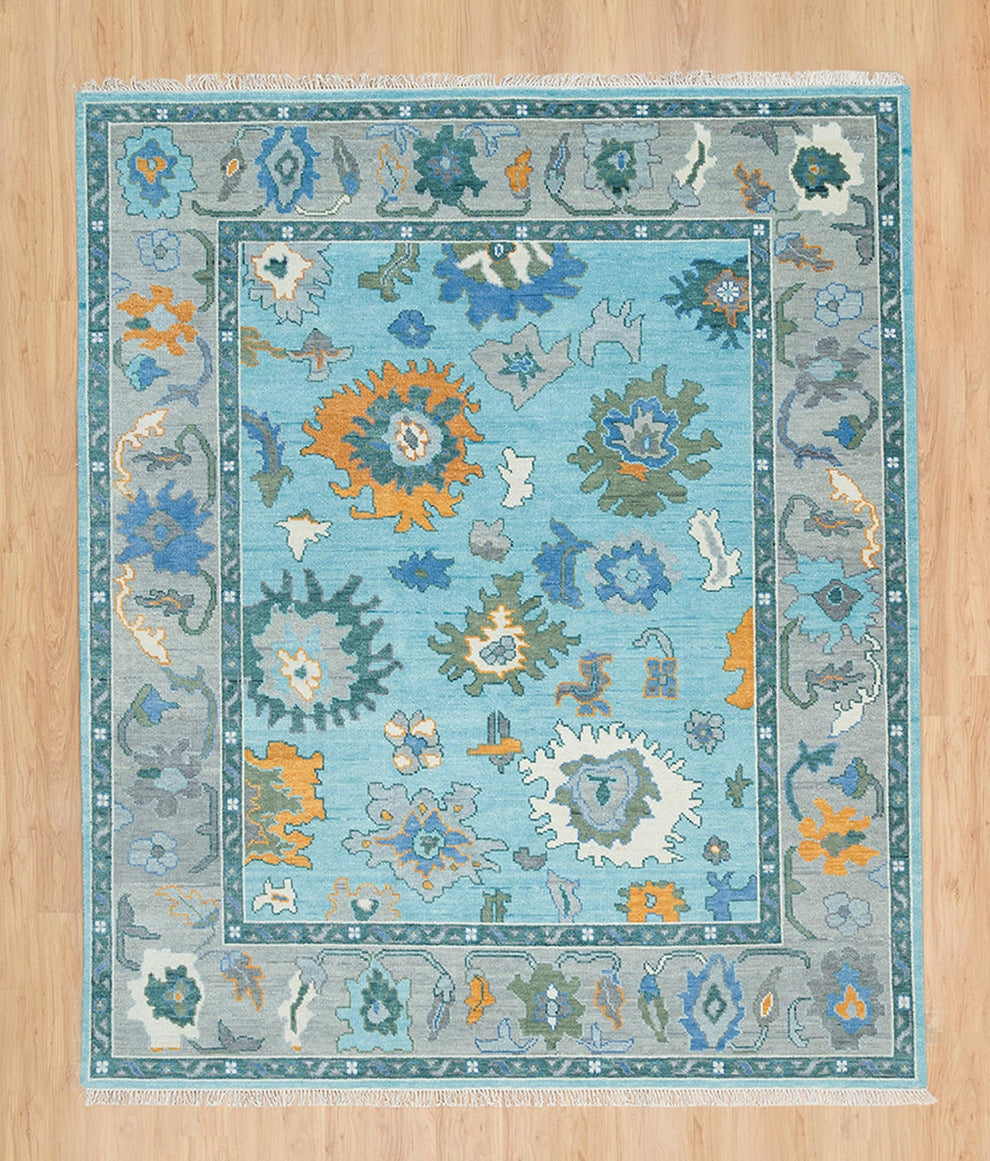 Hand-Knotted Blue Oushak Rug – Authentic Turkish Wool Area Carpet | Luxurious Handmade Oriental Design