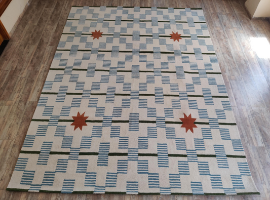 Handmade Geometric Star Rug – Modern Tufted Area Carpet, Blue & Cream Checkered Design with Red Star Motifs, Contemporary Home Decor