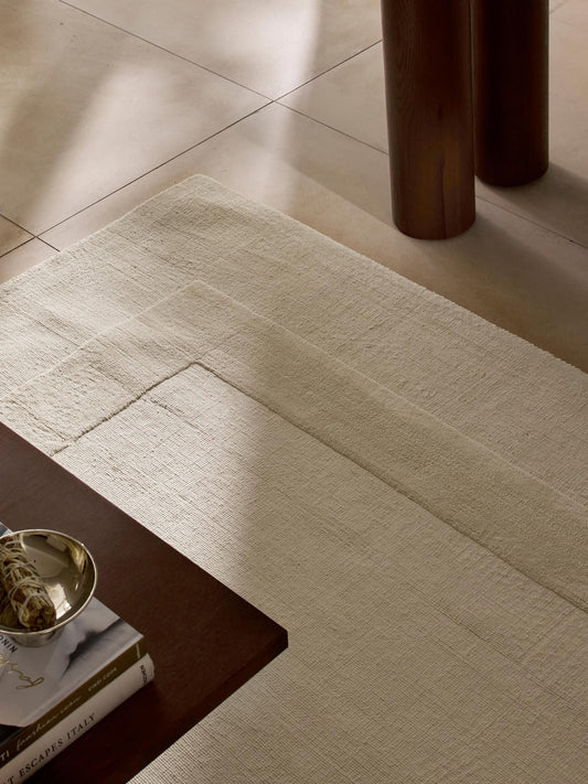 Luxury Cream White Area Rug – Minimalist Modern Carpet with Textured Border for Living Room, Bedroom, or Office