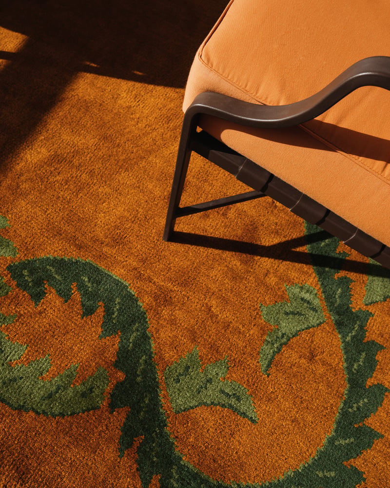 Hand Tufted Burnt Orange Rug, Green Vine Border Wool Area Rug, Modern Botanical Carpet, Custom Living Room Rug, Handmade Home Decor