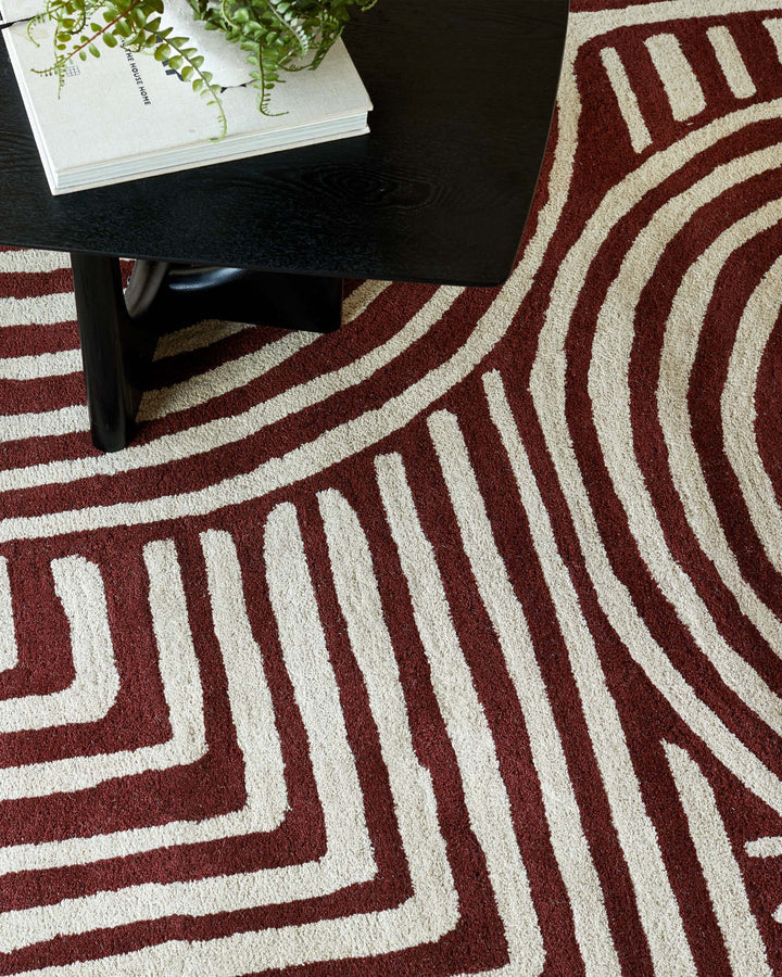 Modern Abstract Line Art Area Rug – Hand-Tufted Wool Burgundy Red & Ivory Geometric Carpet for Living Room, Bedroom, Office & Home Interior Decor