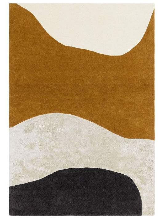 Modern Abstract Landscape Area Rug – Hand-Tufted Wool Carpet in Mustard, Cream & Black for Living Room, Bedroom & Contemporary Home Decor
