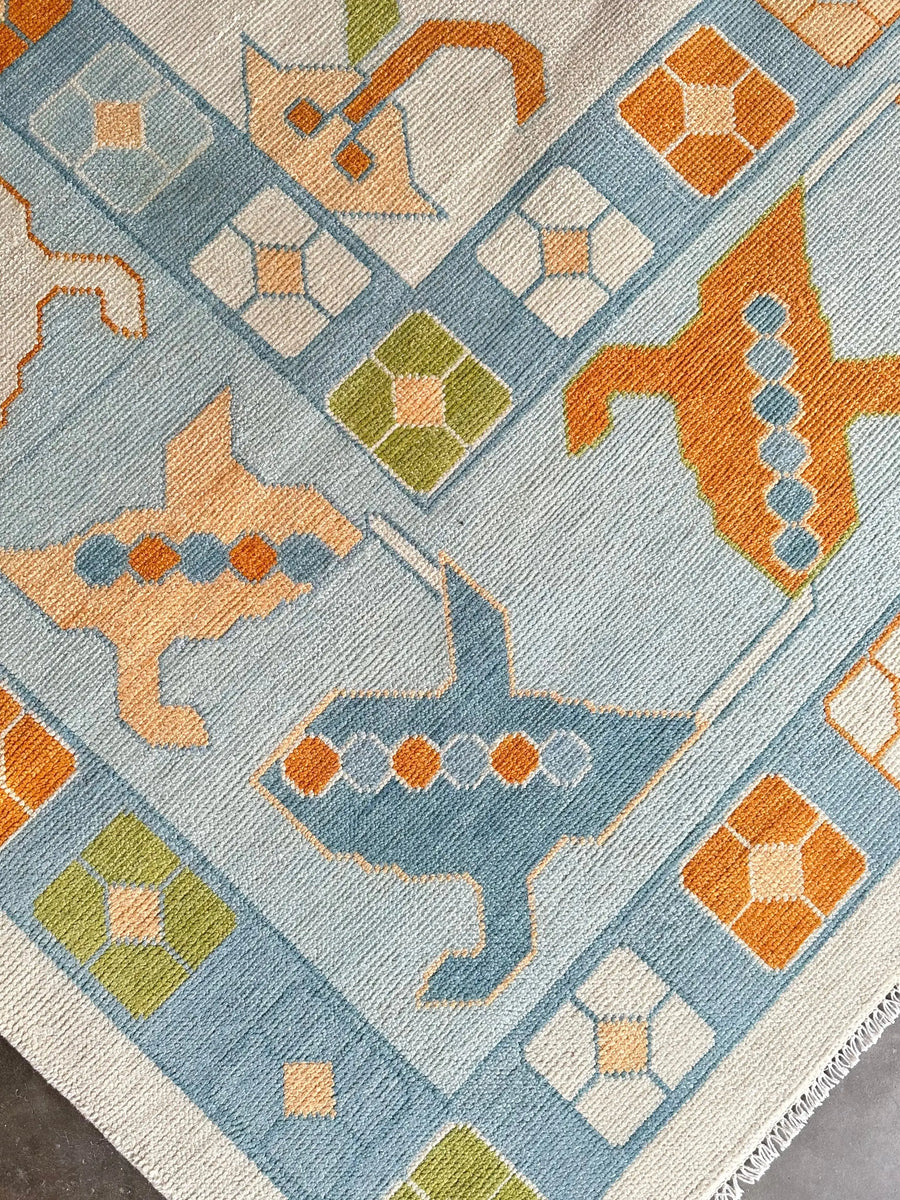 Hand Knotted Oushak Rug – Pastel Blue Turkish Wool Vintage Medallion Area Carpet