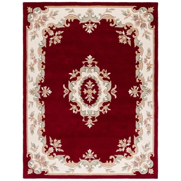 Red Aubusson Area Rug – Handcrafted Wool Carpet with Floral Border for Living Room & Bedroom Décor