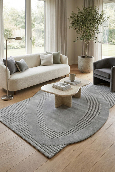 Modern Abstract Hand Tufted Irregular Rug, Neutral Grey Organic Shape Carpet, Contemporary Sculpted Area Rug, Minimalist Wool Tufted Rug, Luxury Geometric Floor Decor, Custom Size Rug for Living Room Bedroom Nursery