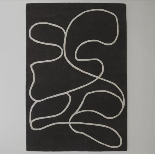 Modern Black Abstract Line Rug | Hand-Tufted Wool Carpet | Minimalist Contemporary Area Rug for Living Room & Bedroom Decor