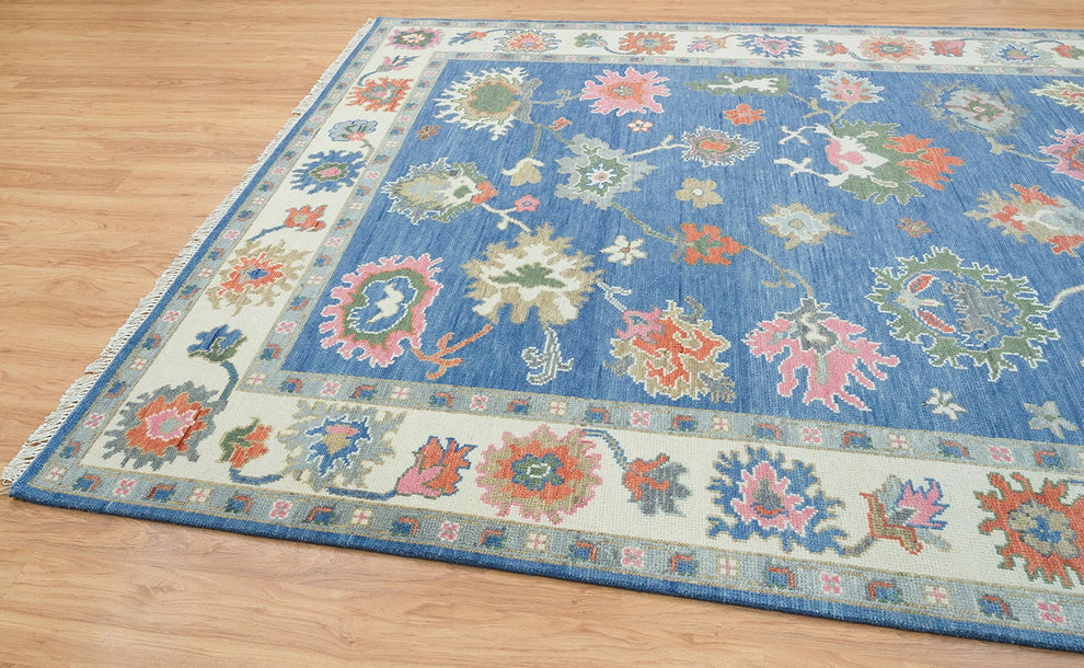 Hand-Knotted Blue Oushak Rug – Authentic Turkish Wool Carpet | Vintage-Inspired Oriental Area Rug for Living Room
