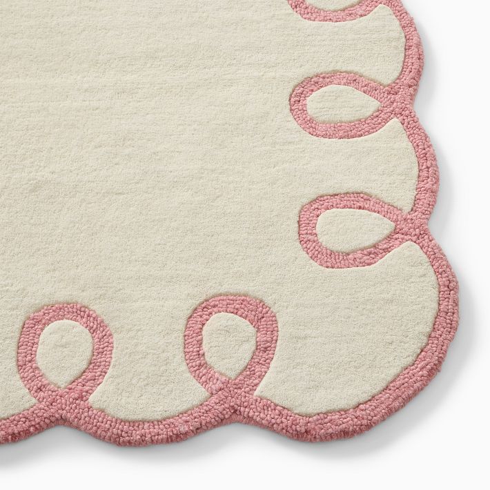 Whimsical Hand-Tufted Rug | Cream & Pink Scalloped Edge Area Carpet | Playful Modern Accent Rug for Nursery, Kids Room & Living Space