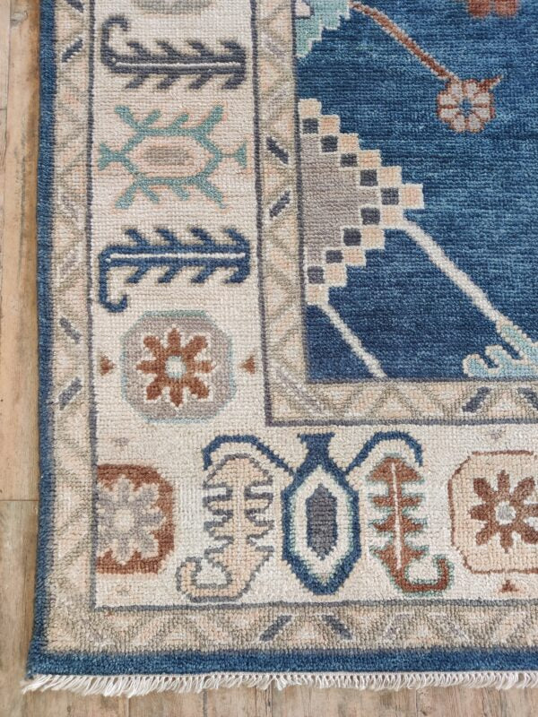 Blue Handknotted Oushak Rug – Traditional Turkish Wool Area Carpet with Floral & Geometric Motifs, Oriental Bohemian Living Room Decor