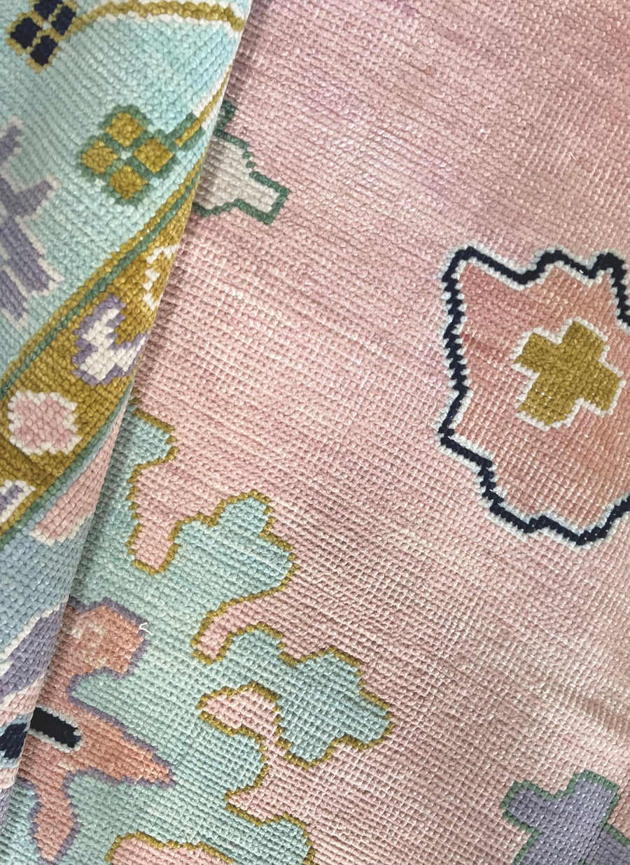Hand Knotted Oushak Rug – Blush Pink Pastel Turkish Wool Vintage Area Carpet