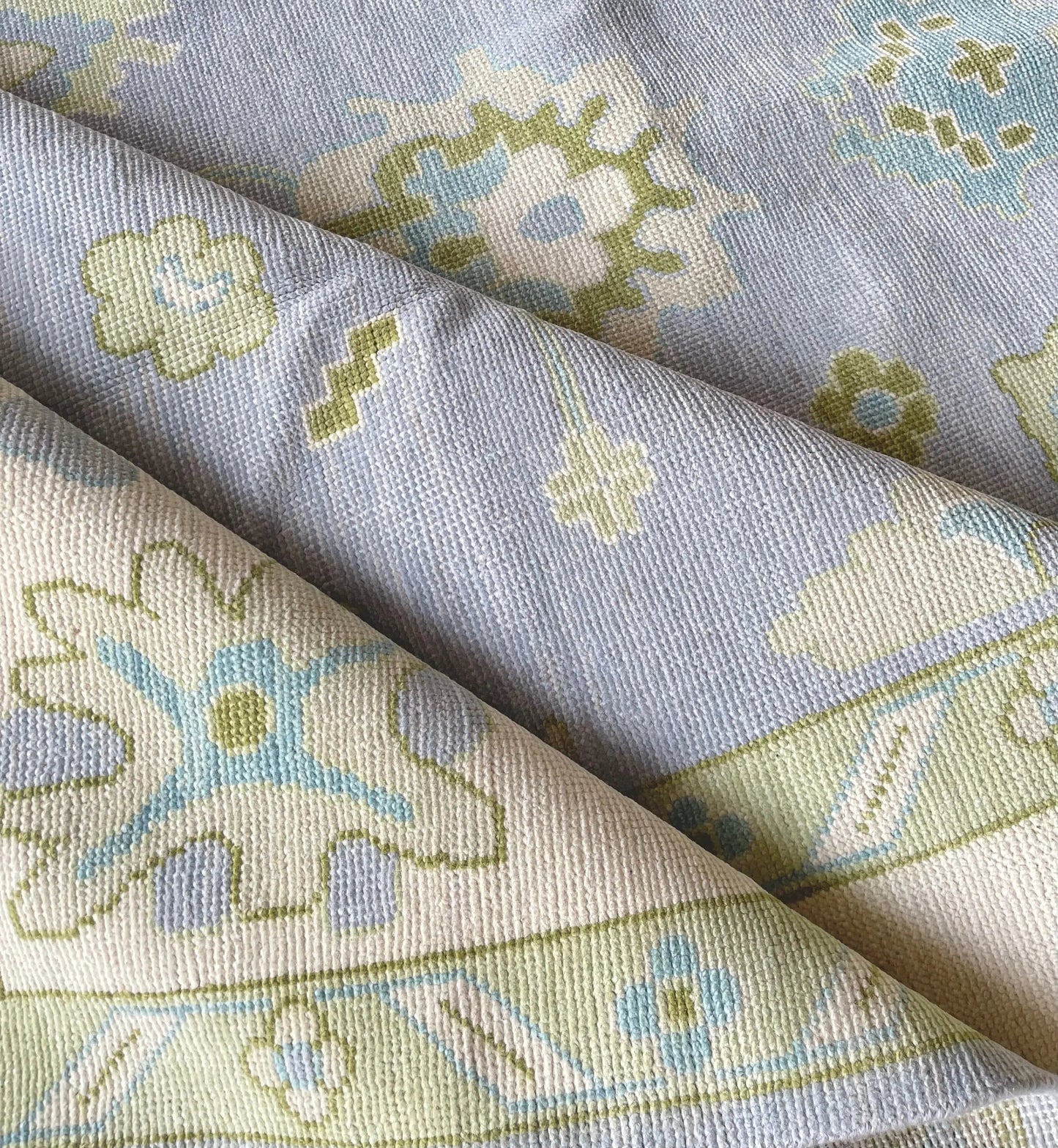 Light Blue & Green Hand Knotted Oushak Rug – Modern Turkish Wool Carpet | Soft Pastel Floral Area Rug for Living Room, Bedroom & Home Decor