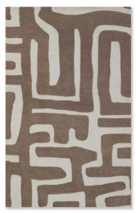 Modern Beige & Brown Abstract Wool Rug – Hand-Tufted Maze Pattern Carpet for Living Room & Home Interiors