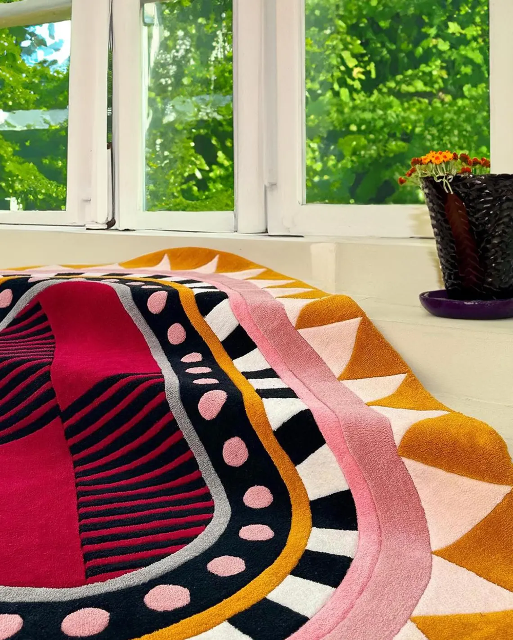 Bold Abstract Geometric Area Rug – Hand Tufted Pink, Red, Black & Mustard Modern Art Carpet for Living Room, Bedroom & Creative Spaces