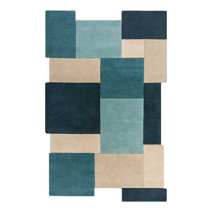 Modern Geometric Hand Tufted Wool Area Rug – Abstract Blue, Teal, Beige & Charcoal Color Block Carpet – Scandinavian Contemporary Living Room Rug – Handmade Luxury Floor Rug