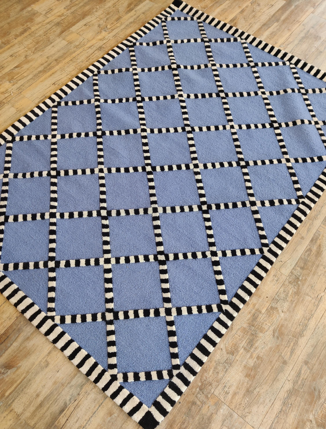Handmade Blue Geometric Rug – Modern Tufted Diamond Pattern Carpet with Black & White Striped Border, Contemporary Area Rug for Home Decor
