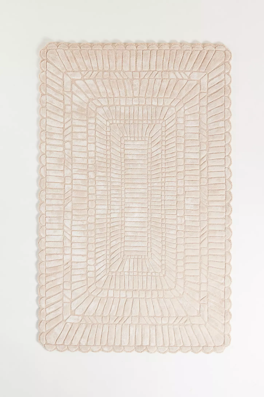 Blush Pink Hand-Tufted Rug | Textured Geometric Scalloped Border Carpet | Modern Luxury Area Rug for Living Room & Bedroom Decor