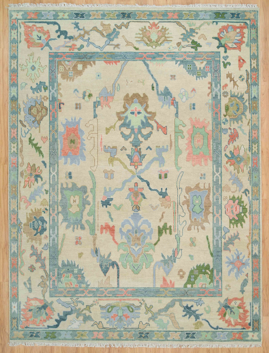 Handmade Oriental Area Rug – Vintage Oushak Style Wool Carpet with Floral Medallion Design for Living Room & Home Décor