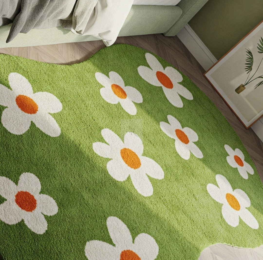 Green Daisy Shaped Area Rug for Bedroom – Soft Floral Carpet for Kids & Adults – Cute Flower Design Home Decor