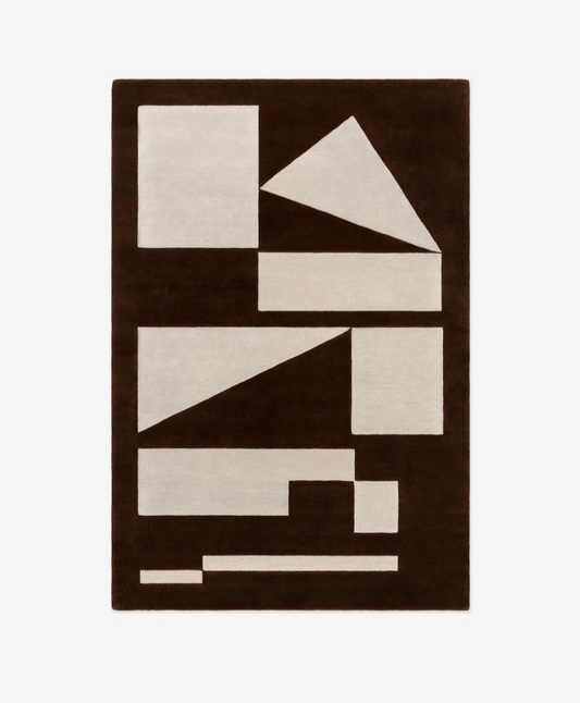 Modern Geometric Area Rug – Brown and Cream Abstract Wool Carpet for Living Room & Bedroom Decor