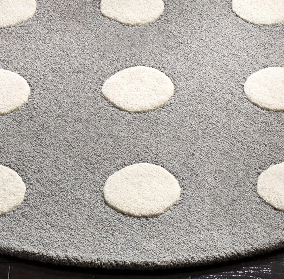 Gray Polka Dot Round Kids Rug – Soft Area Carpet for Nursery, Playroom & Baby Room Decor