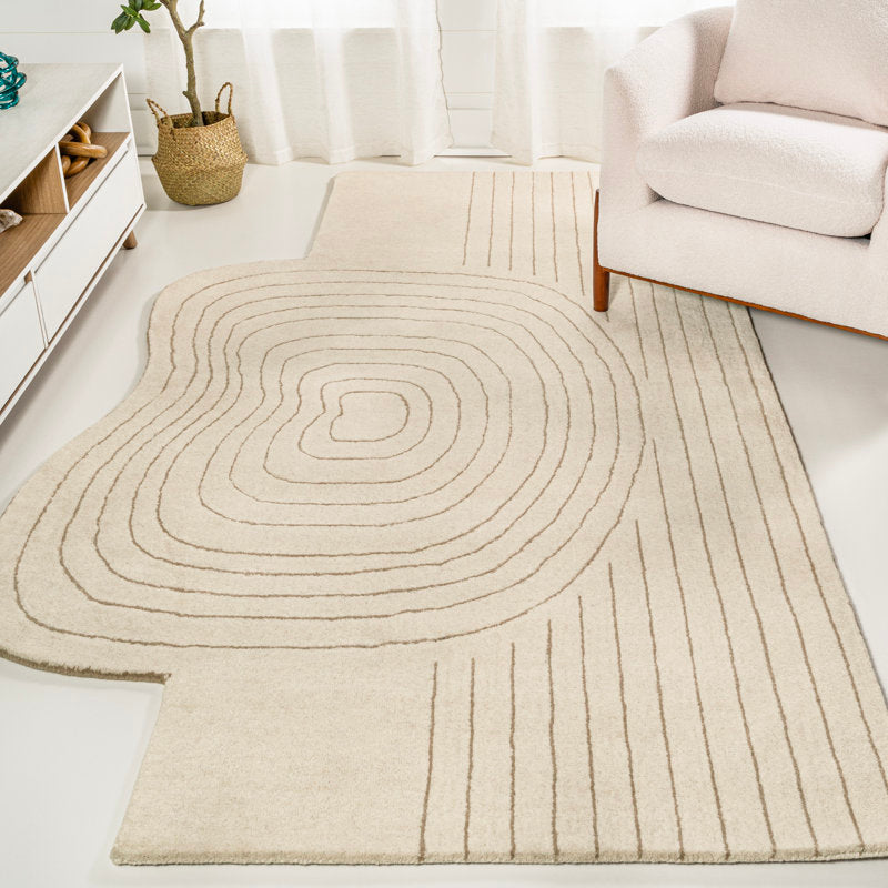 Modern Irregular Hand-Tufted Rug – Cream Textured Neutral Area Carpet for Living Room