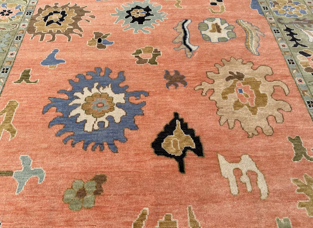 Hand Knotted Oushak Rug – Terracotta Turkish Wool Area Rug with Floral Motifs