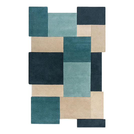 Modern Multicolor Geometric Rug – Hand-Tufted Blue, Teal & Beige Block Pattern Carpet for Living Room, Bedroom & Contemporary Décor
