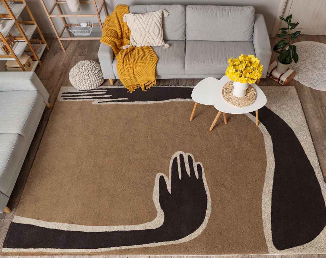 Modern Abstract Hand Design Area Rug – Soft Minimalist Brown & Beige Carpet for Living Room, Bedroom & Home Décor