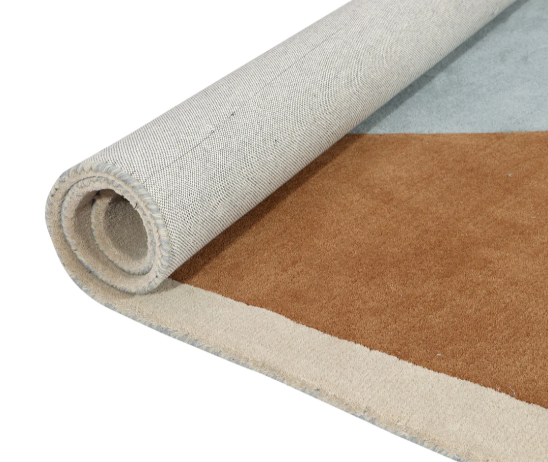 Modern Abstract Area Rug – Handmade Organic Shape Carpet in Blue, Beige & Brown for Living Room & Bedroom Decor