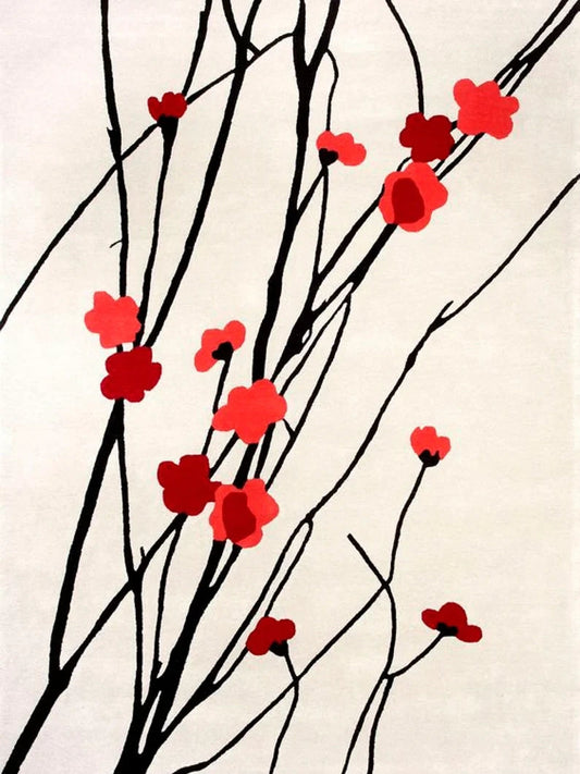 Floral Branch Area Rug – Modern Red Blossom Designer Carpet for Living Room, Bedroom & Home Décor